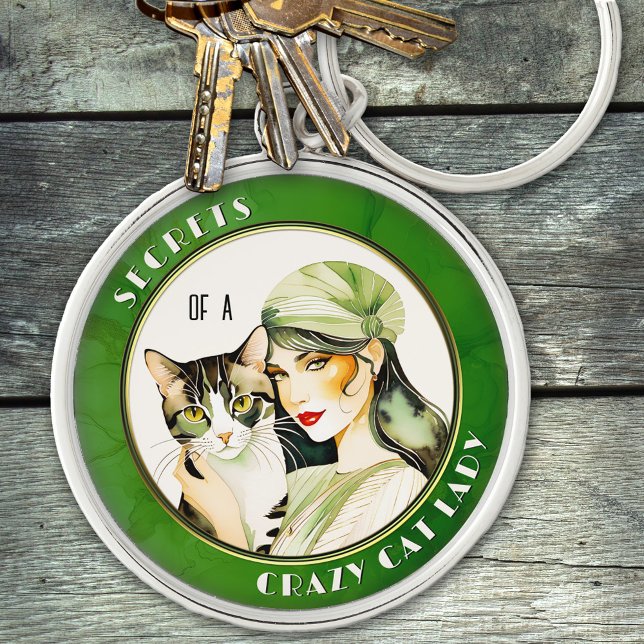 Porte-clés Mystérieuse aquarelle Crazy Cat Lady Porte - clé (Keychain featuring a watercolor painting in art deco Gatsby style of a mysterious lady with her cat )