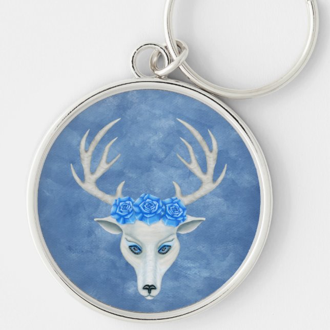 Porte-clés Mystérieuse tête de cerf blanc Antlers Roses bleus (Devant)