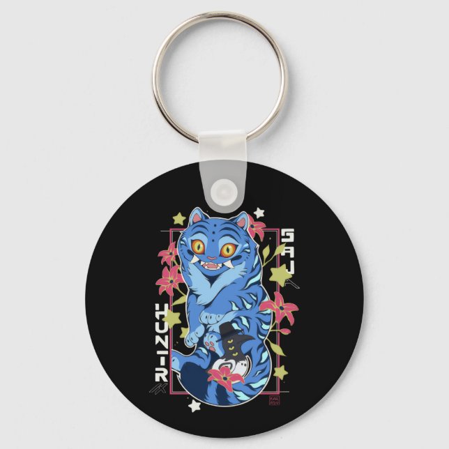 Porte-clés Mystical Blue Tiger Japanese Folk Art Style (Recto)