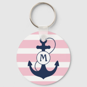 Porte-clés Nautical Anchor with Pink Stripes and Monogram