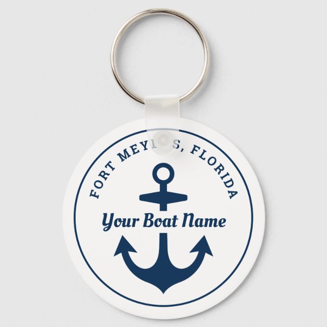 Porte-clés Nautical Blanc Navy Personnalisé Nom de Bateau Anc (Recto)