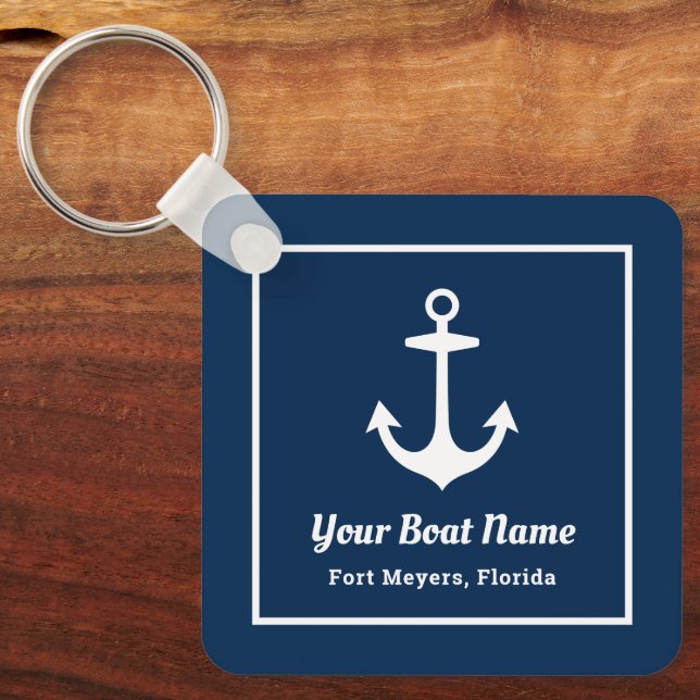 Porte-clés Nautical Navy Blue Personalized Boat Name (Recto)