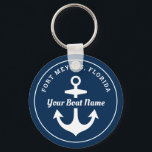 Porte-clés Nautical Navy Blue Personalized Boat Name Anchor<br><div class="desc">Round nautical keychain design features a simple,  stylish navy blue and white coastal style design with boat anchor accent. Personalize the custom text with the name of your boat and her location city and state.</div>