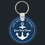Porte-clés Nautical Navy Blue Personalized Boat Name Anchor<br><div class="desc">Round nautical keychain design features a simple,  stylish navy blue and white coastal style design with boat anchor accent. Personalize the custom text with the name of your boat and her location city and state.</div>