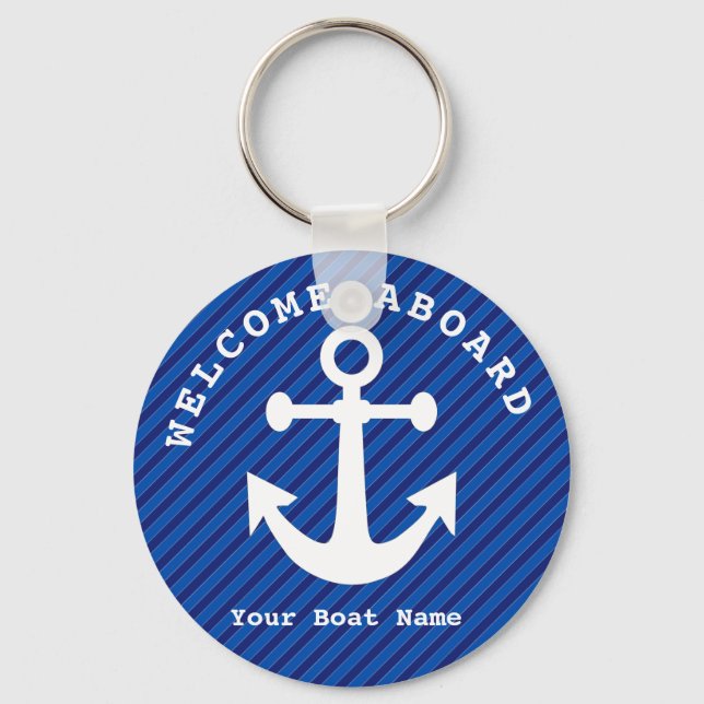 Porte-clés Nautical Navy Blue Welcome Aboard Nom du bateau An (Recto)