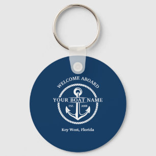 Porte-clés Nautical Navy Blue Welcome Aboard Nom du bateau An