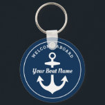 Porte-clés Nautical Navy Blue Welcome Aboard Nom du bateau An<br><div class="desc">Le design porte - clé Nautique "Welcome Aboard" présente un design simple et élégant de style marin bleu et blanc côtier avec accent d'ancre de bateau. Personnalisez le texte personnalisé avec le nom de votre bateau.</div>