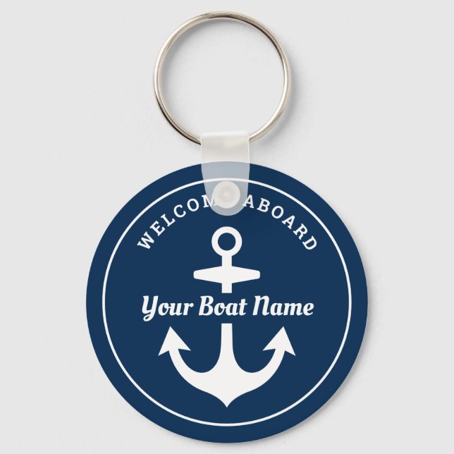 Porte-clés Nautical Navy Blue Welcome Aboard Nom du bateau An (Recto)