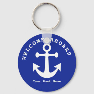 Porte-clés Nautical Navy Blue Welcome Aboard Nom du bateau An