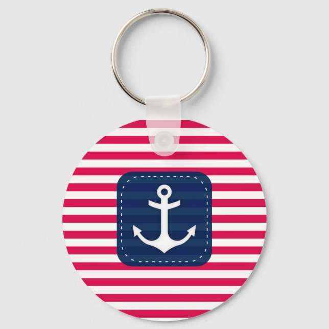 Porte-clés Nautical Red White Stripes Navy Blue Banner Anchor (Recto)