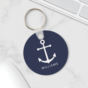 Porte-clés Nautical White Anchor and Custom Nom on Navy Blue