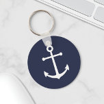 Porte-clés Nautical White Anchor on Navy Blue<br><div class="desc">Modern Minimalist Nautical Keychain featuring white anchor on navy blue background.</div>