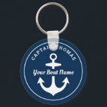 Porte-clés Nautique Marine Blue Custom Capitaine Nom du batea<br><div class="desc">Le design de porte - clé nautique rond est simple et élégant,  de style marin bleu et blanc côtier,  avec un accent d'ancre de bateau. Personnalisez le texte personnalisé avec le nom du propriétaire du bateau et du bateau / capitaine,  l'emplacement,  ou d'autres termes préférés.</div>