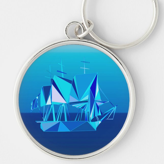 Porte-clés Navire à Clipper géométrique moderne, Bleu Cobalt (Devant)