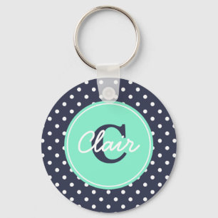 Porte-clés Navy and Mint Dots, Initial, and Name