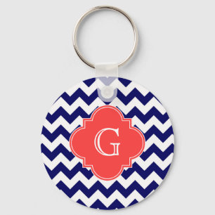 Porte-clés Navy Blanc Chevron Zigzag Corail Quatrefeuille Mon