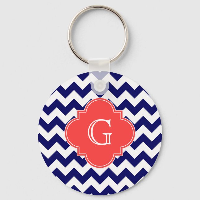 Porte-clés Navy Blanc Chevron Zigzag Corail Quatrefeuille Mon (Recto)