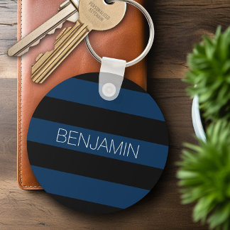 Porte-clés Navy Blue and Black Rugby Stripes with Custom Name