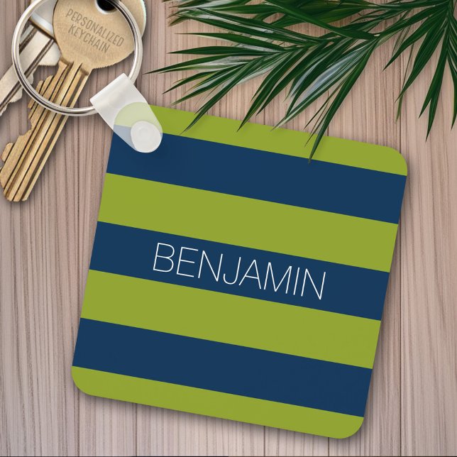 Porte-clés Navy Blue and Lime Green Rugby Stripes Custom Name (Personalized keychain - Blue and Green Stripes)