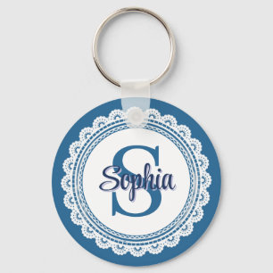 Porte-clés Navy Blue Élégant Blanc Broderie Monogramme Nom