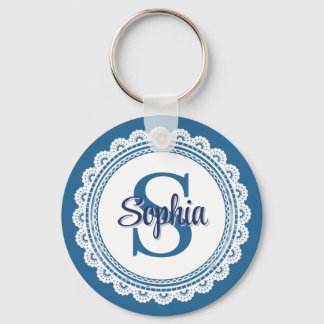 Porte-clés Navy Blue Élégant Blanc Broderie Monogramme Nom