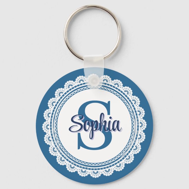 Porte-clés Navy Blue Élégant Blanc Broderie Monogramme Nom (Recto)
