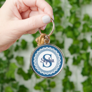 Porte-clés Navy Blue Élégant Blanc Broderie Monogramme Nom