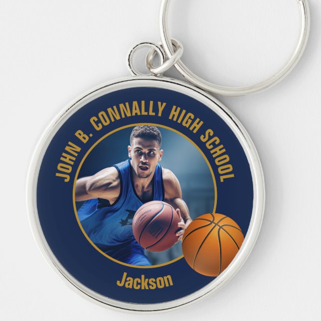 Porte-clés Navy Blue Gold Basketball Player Photo (Devant)