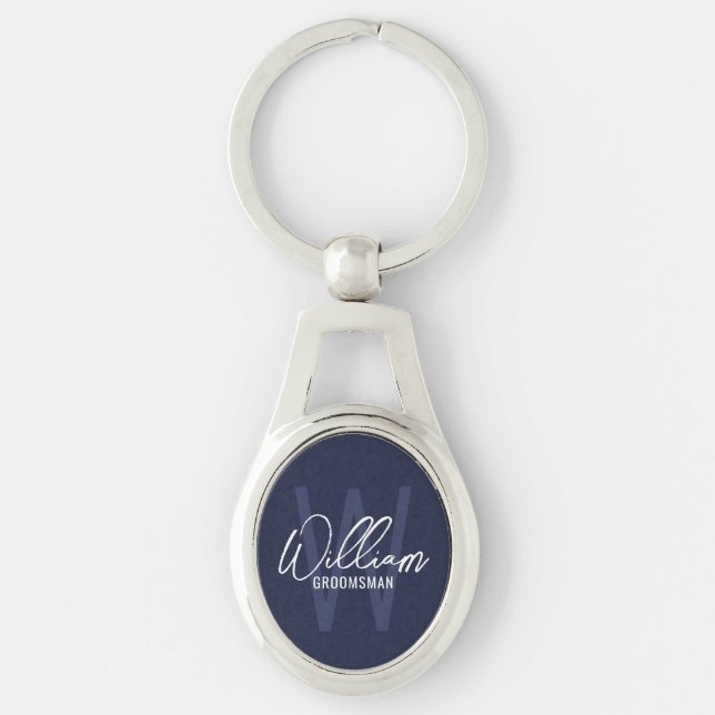 Porte-clés Navy Blue Modern Script Cuomsmen personnalisé (Devant)