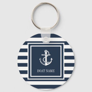 Porte-clés Navy Blue Striped Nautical Anchor Boat Name