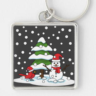 Porte-clés Neige tombant sur Cardinal, Snowman et Pine Tree