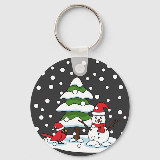 Porte-clés Neige tombant sur Cardinal, Snowman et Pine Tree (Recto)