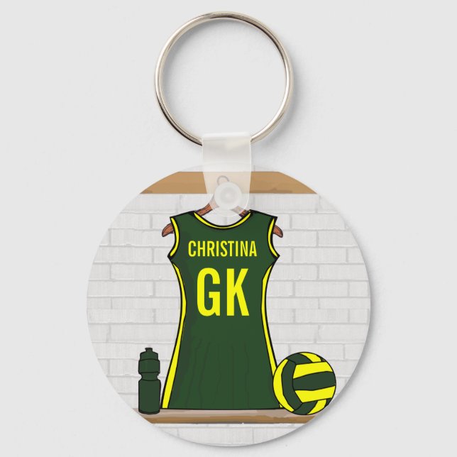 Porte-clés Netball personnalisé Uniforme Vert avec Jaune (Recto)