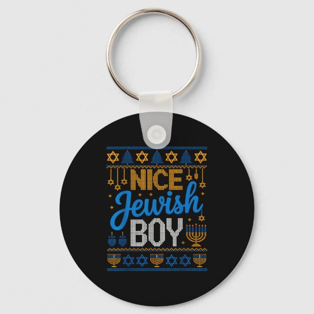 Porte-clés Nice Jewish Boy Hanukkah Menorah Dreidel Ugly Swea (Recto)