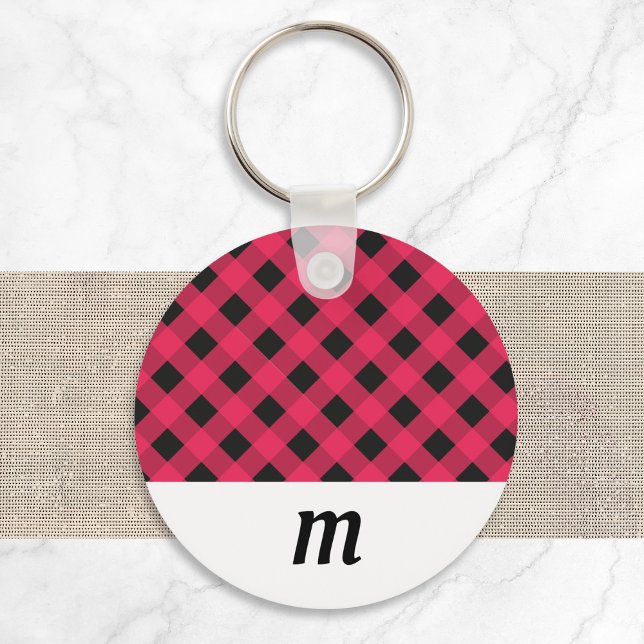 Porte-clés Noël à carreaux Buffalo rustique monogrammé (A keyring with red and black buffalo check pattern, and a white section to customize with a monogram)