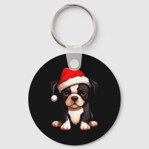 Porte-clés Noël Boston Terrier Chien Chapeau de Père Noël Drô