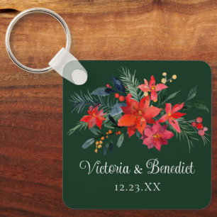 Porte-clés Noël Poinsettia Élégant Mariage Floral Vert