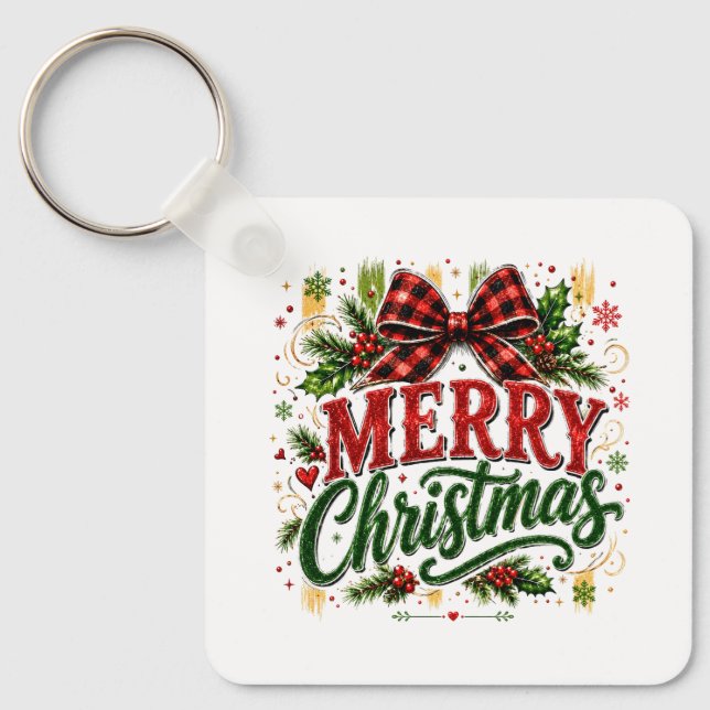 Porte-clés Noël ruban carreaux joyeux (Recto)