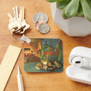 Porte-clés Noël vintage, Animaux endormis près de la cheminée