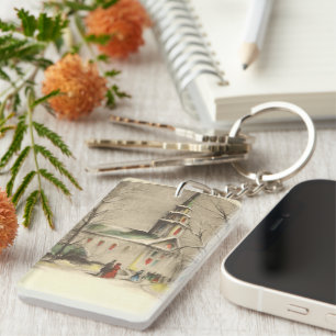 Porte-clés Noël vintage, Eglise dans le paysage hivernal
