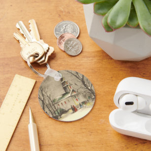 Porte-clés Noël vintage, Eglise dans le paysage hivernal