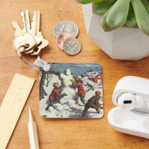 Porte-clés Noël vintage, enfants bataille de boules de neige