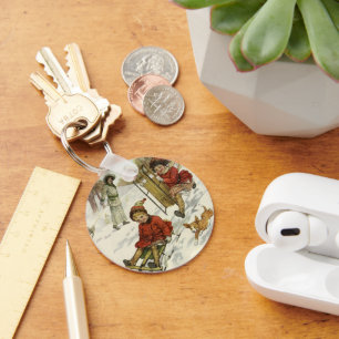 Porte-clés Noël Vintage, Enfants Victoriens Dormir Chien