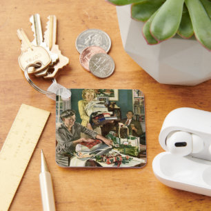 Porte-clés Noël Vintage, Famille Heureuse Emballant des Cadea