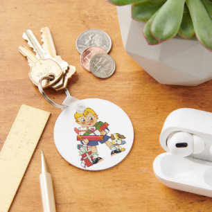 Porte-clés Noël vintage, garçon avec cadeaux et chiot