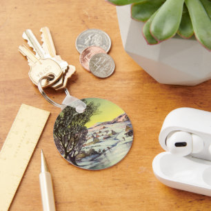 Porte-clés Noël vintage, lac gelé avec patineurs