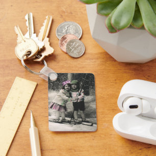 Porte-clés Noël vintage, meilleurs amis sur skis