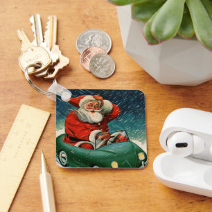 Porte-clés Noël vintage, Père Noël dans une voiture mignonne