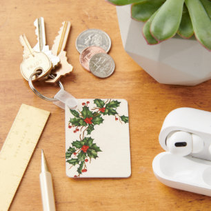 Porte-clés Noël vintage, plante de houx avec des baies rouges