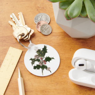 Porte-clés Noël vintage, plante de houx vert avec des baies